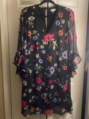 XL Calvin Klein Black Mini Dress with Pink, Purple & Orange Floral Print